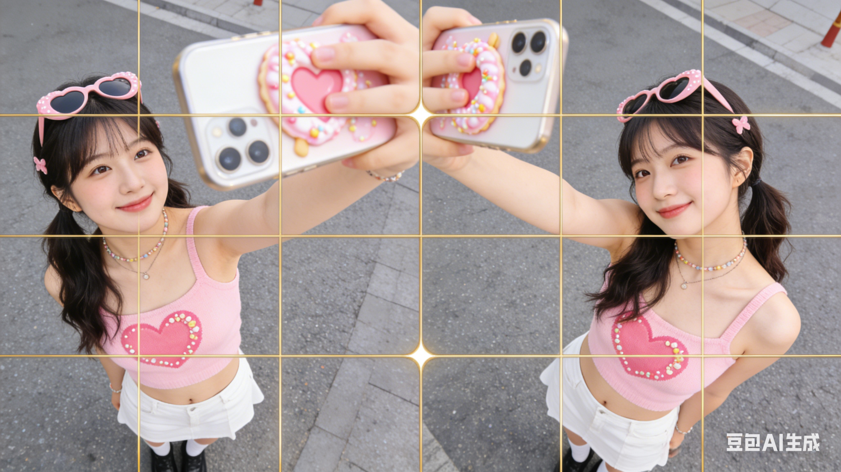 糖心vlog自拍 - 黄金九宫格构图自拍vlog，45°俯拍呈现圆脸显瘦效果